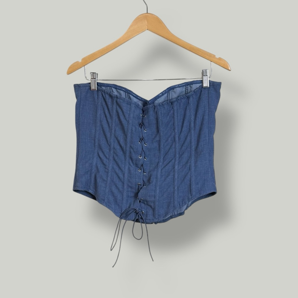 PRETTYLITTLETHING Corset Women Size 12 Large Blue Denim Lace Up Back Woven Shape - Picture 6 of 12